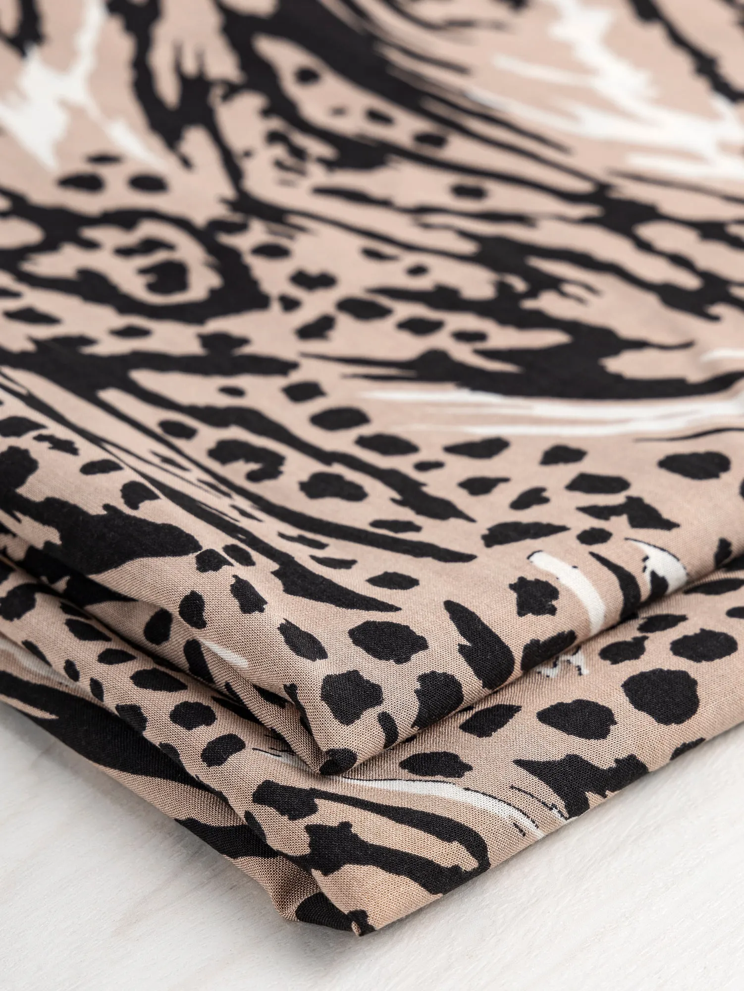 Animal Print Viscose Challis Deadstock - Beige   Black   Cream - Swatch