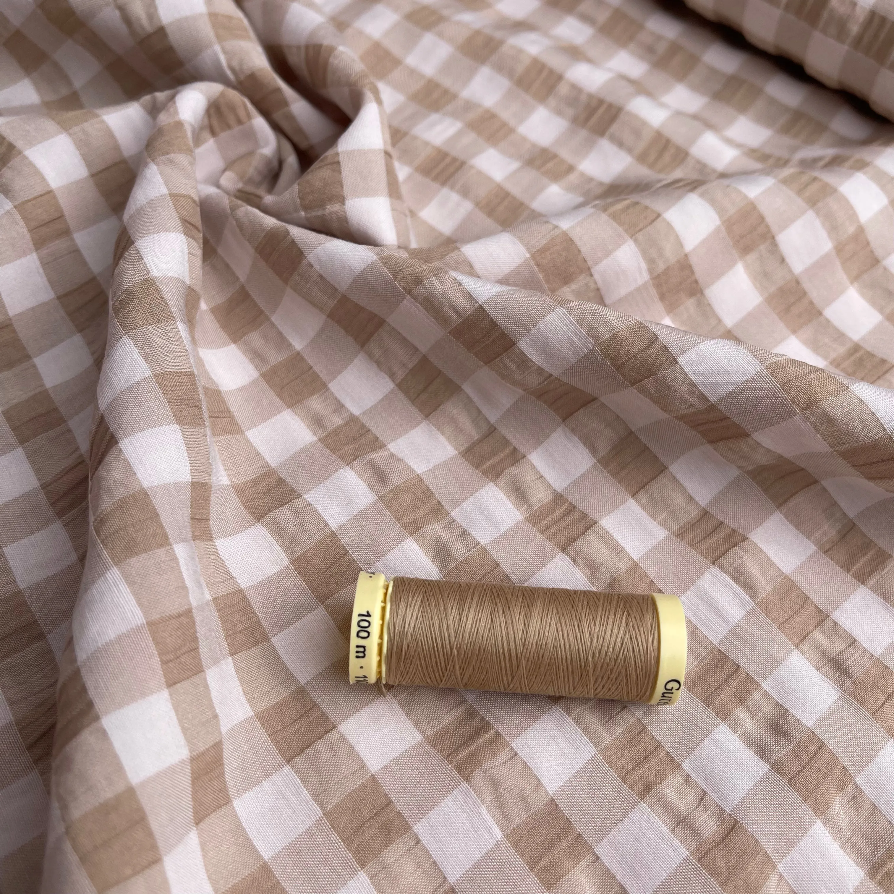 Beige Gingham Viscose Seersucker Fabric