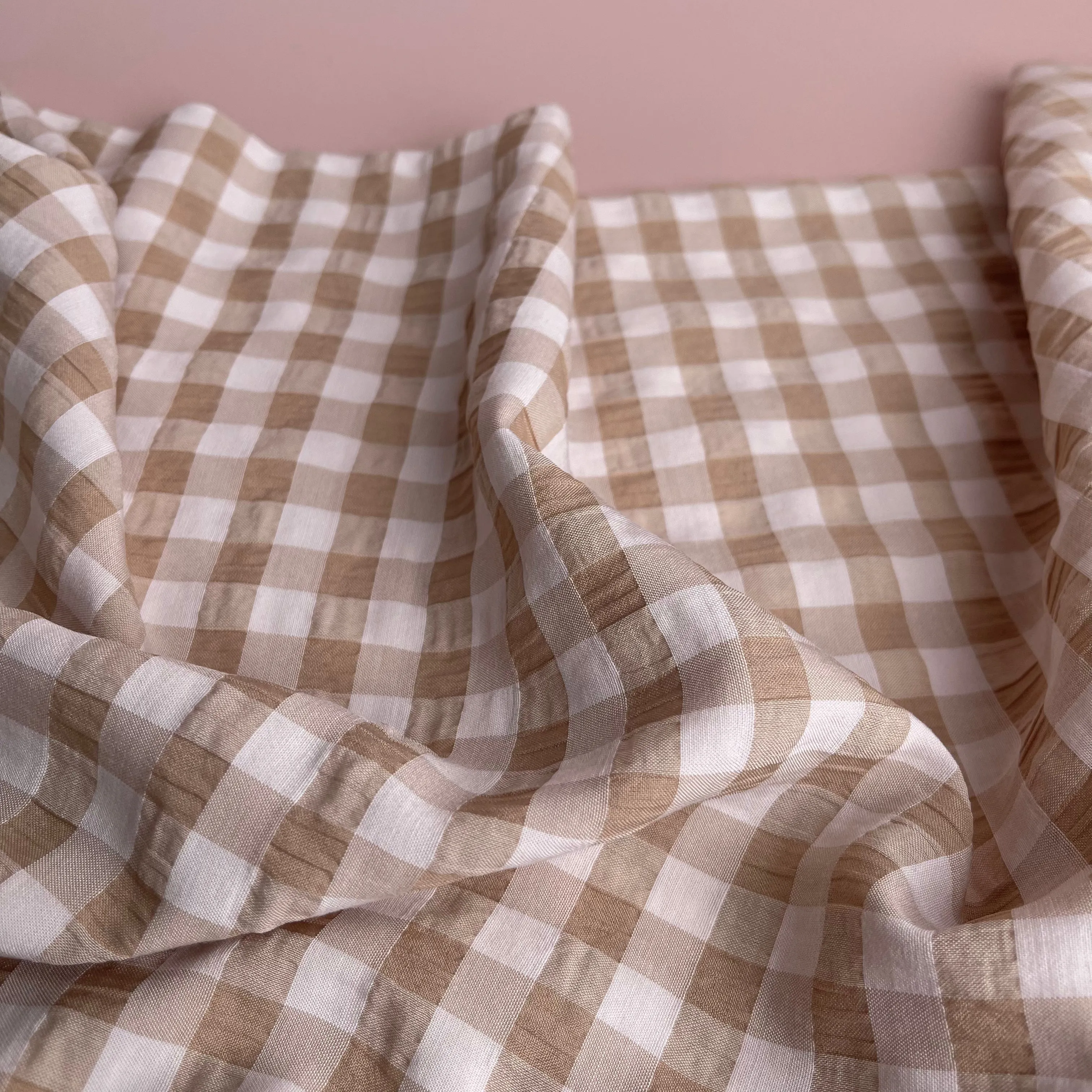 Beige Gingham Viscose Seersucker Fabric