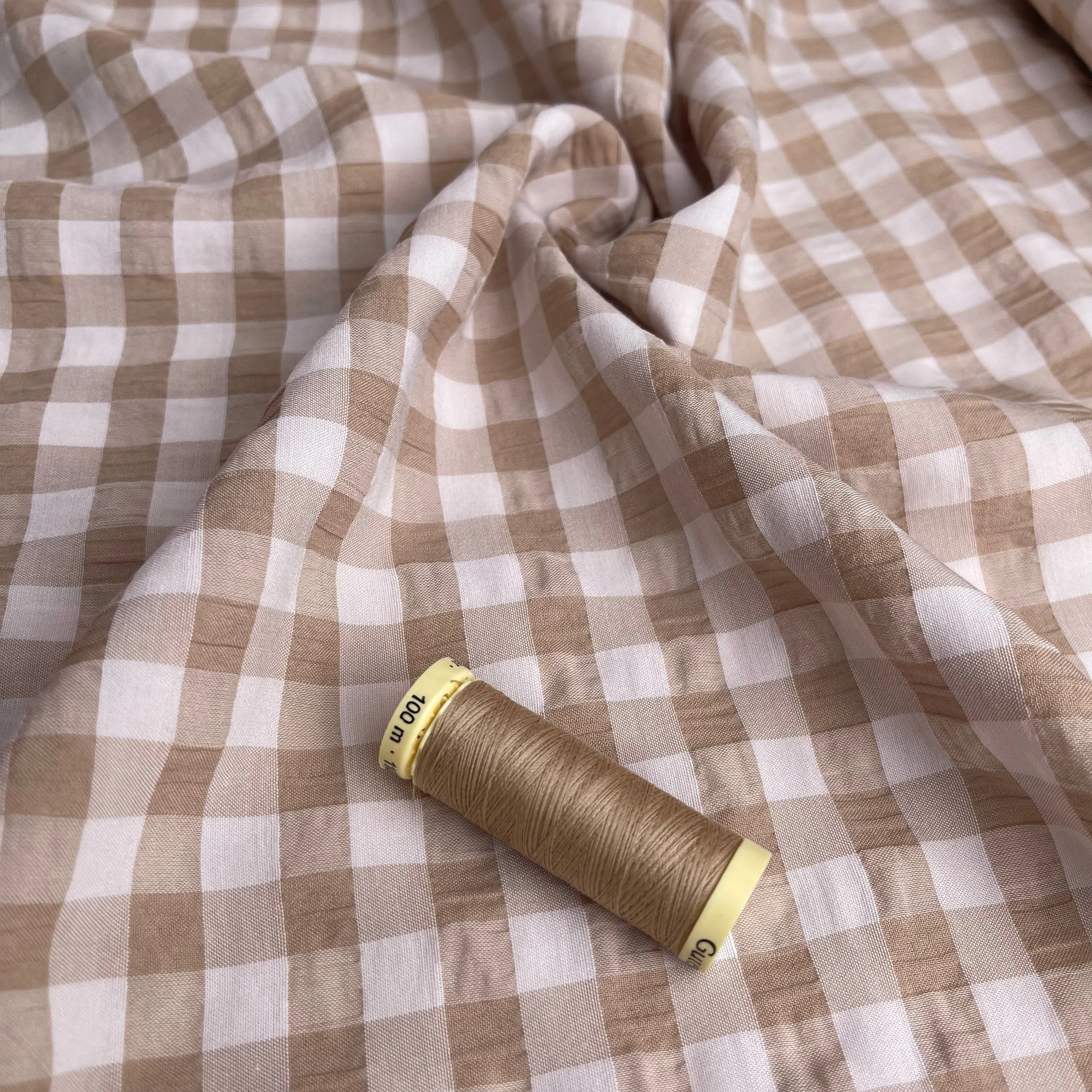 Beige Gingham Viscose Seersucker Fabric