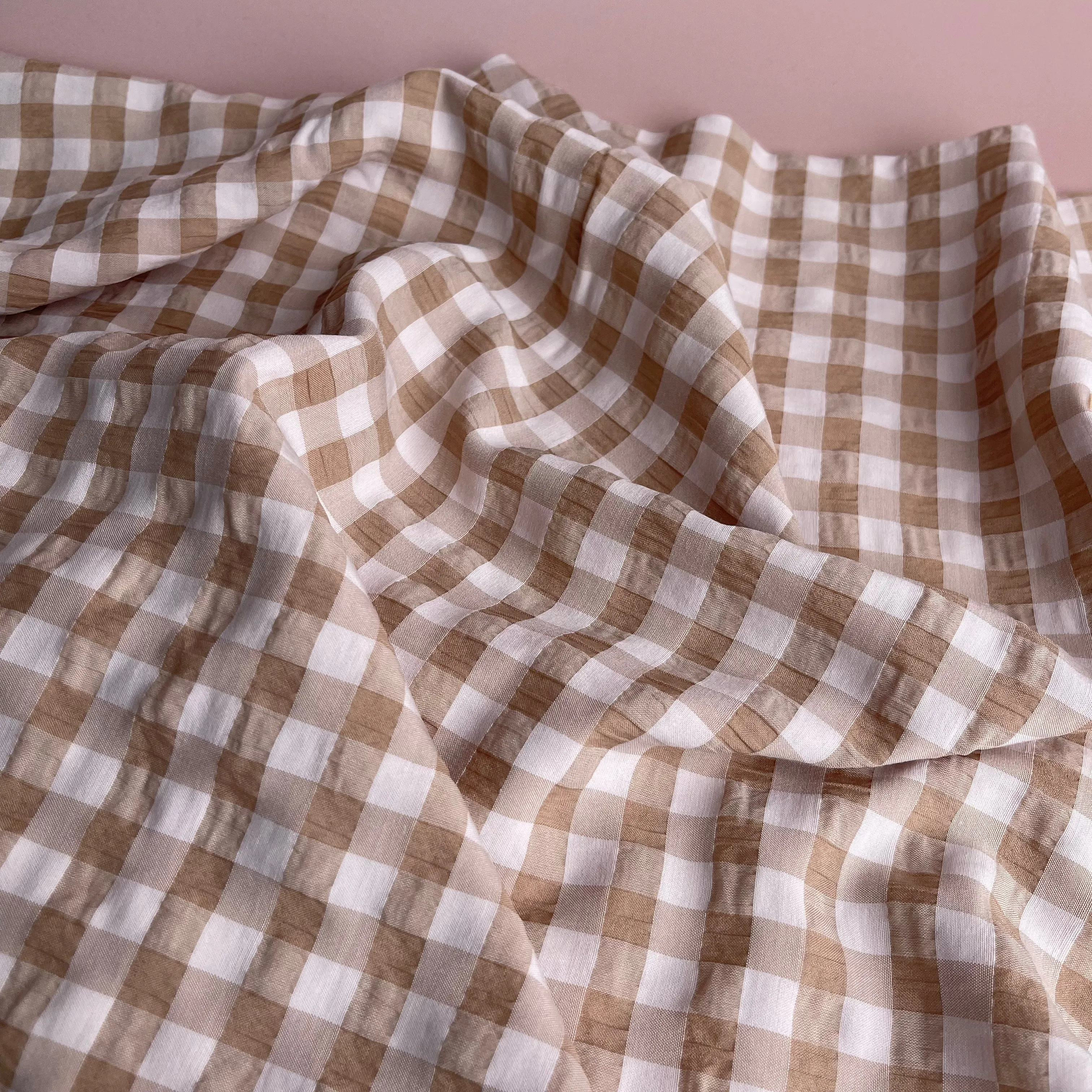 Beige Gingham Viscose Seersucker Fabric