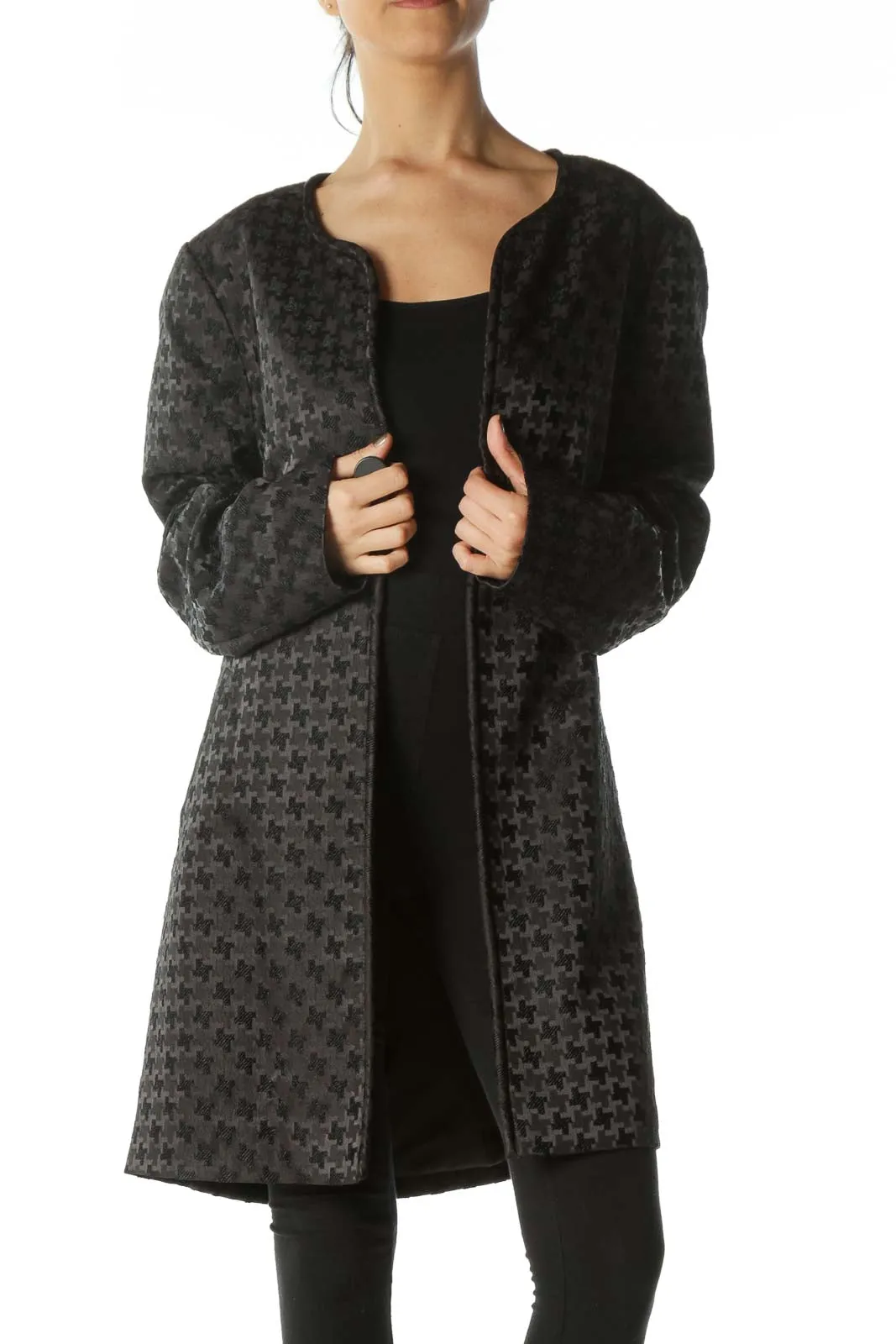 Black Embossed-Pattern Round-Neck Structured Coat