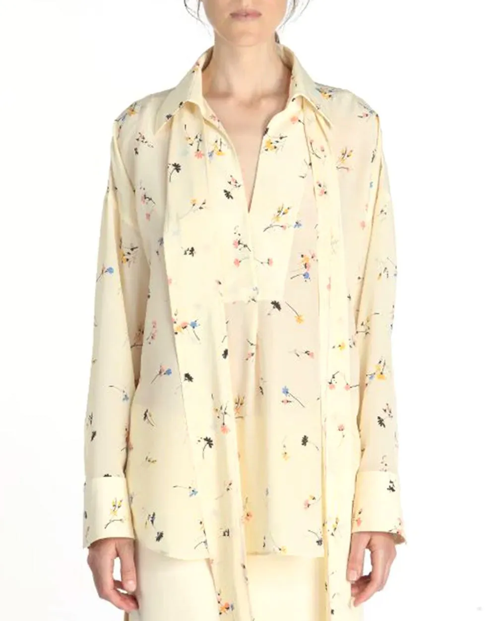 Cream and Multicolor Floral Print Tie Blouse