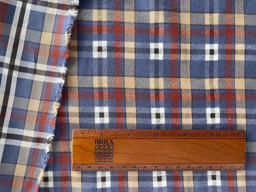 High-End Periwinkle, Brick & Camel Moderne Plaid Cotton Flannel Shirting (Made in Italy)