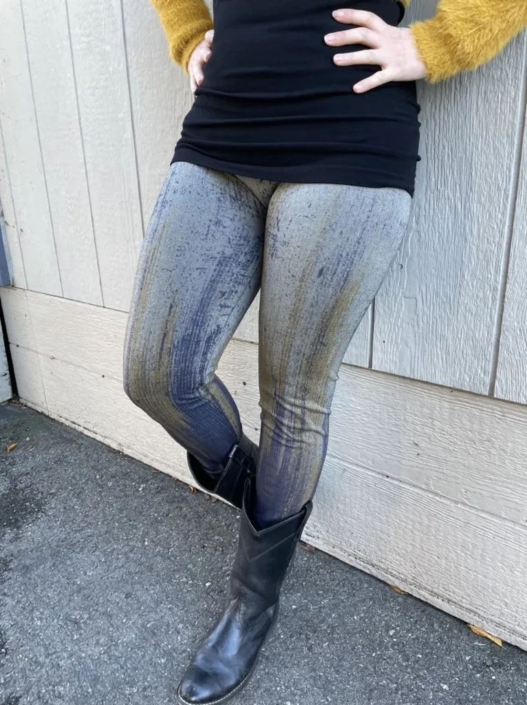 High Waisted Grey/Navy Print Leggings "Obsidian" Wash