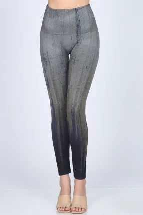 High Waisted Grey/Navy Print Leggings "Obsidian" Wash