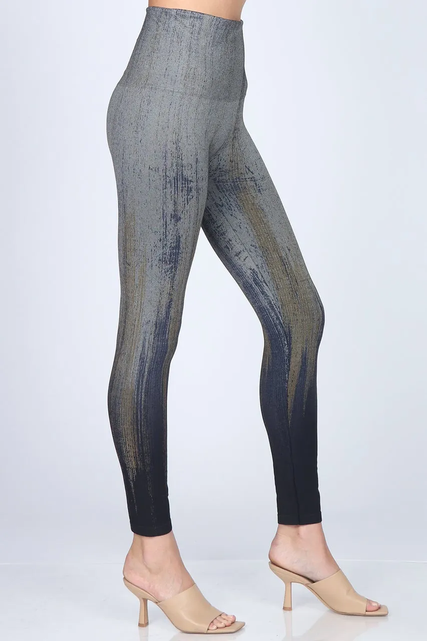 High Waisted Grey/Navy Print Leggings "Obsidian" Wash