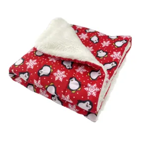 Penguins And Snowflakes Flannel Dog Blanket Red