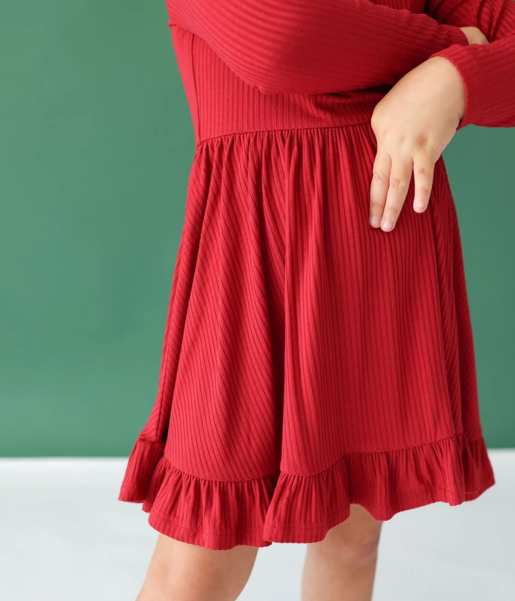 Posh Peanut Dark Red Solid Ribbed L/S Ruffled Twirl Dress