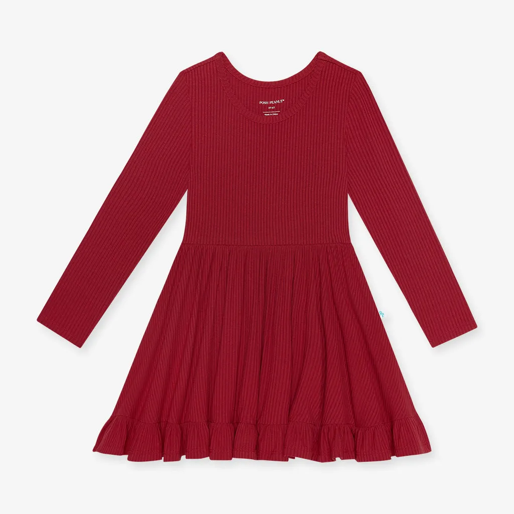 Posh Peanut Dark Red Solid Ribbed L/S Ruffled Twirl Dress