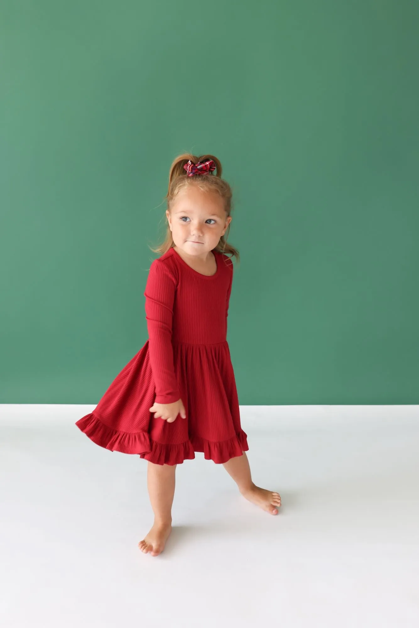 Posh Peanut Dark Red Solid Ribbed L/S Ruffled Twirl Dress