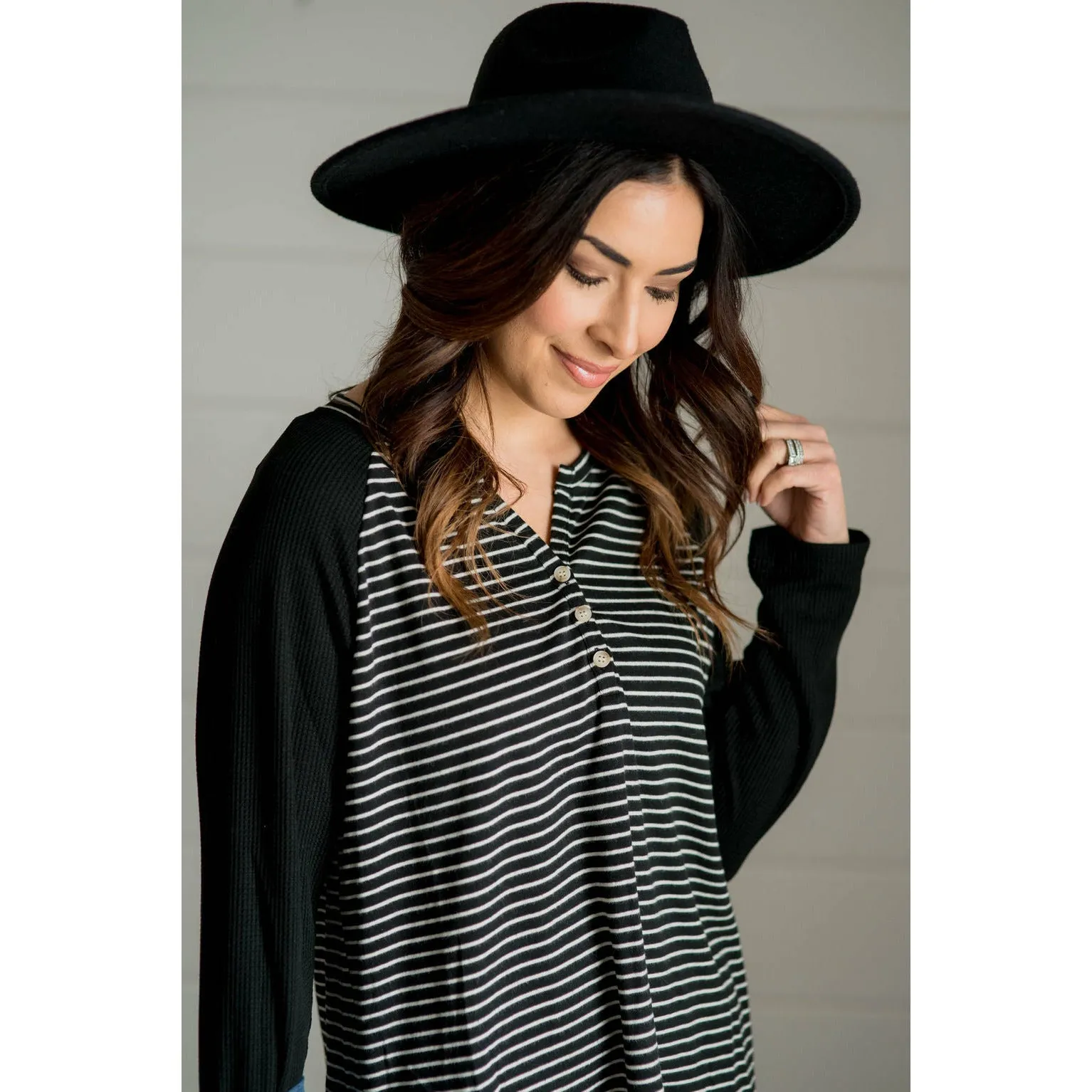 Striped Thermal Sleeve Button Henley