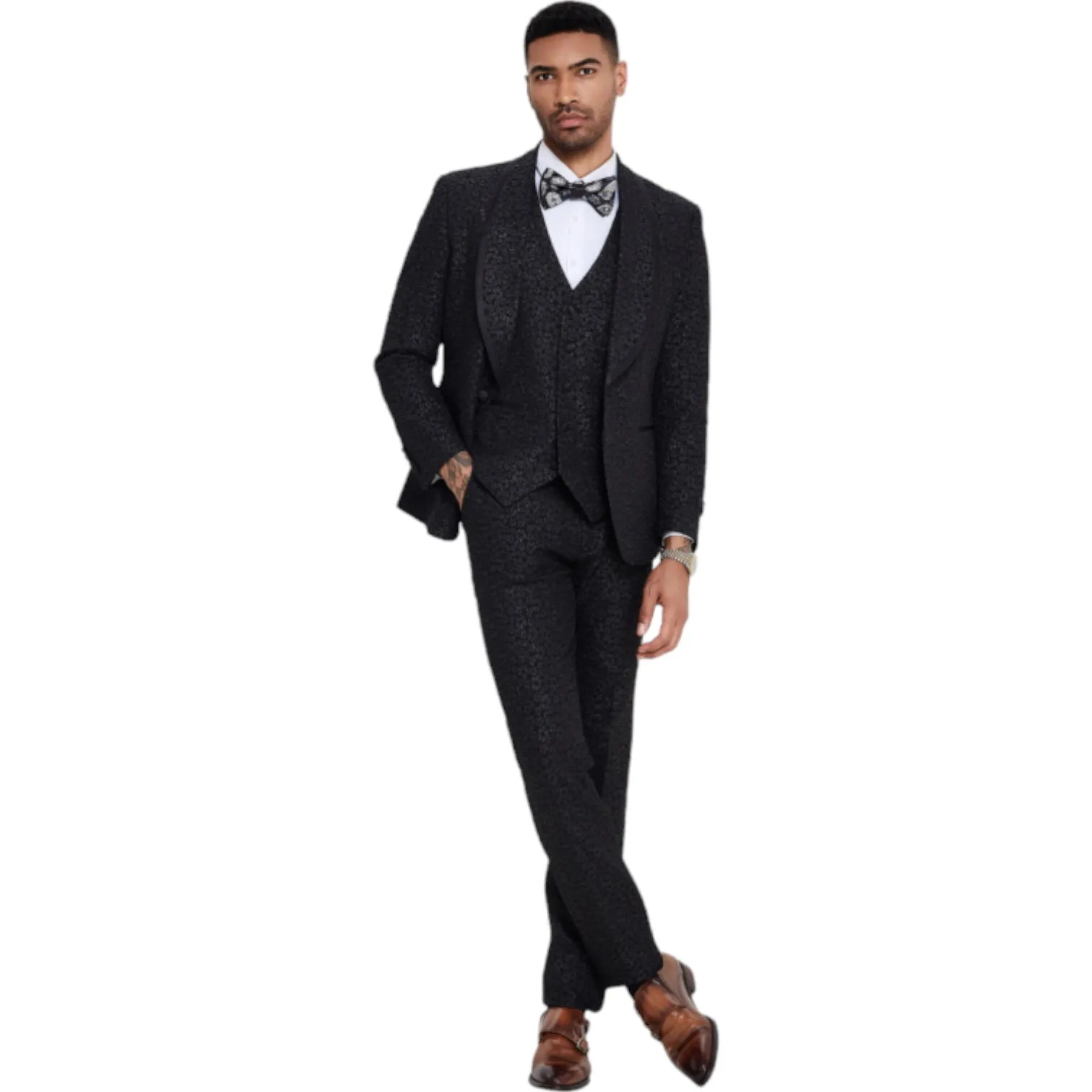 TAZZIO: Textured 3pc Skinny Fit Suit M411SK