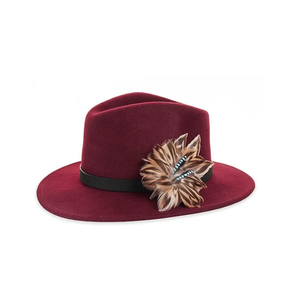 Wine Fedora with Mallard and Jay Pin