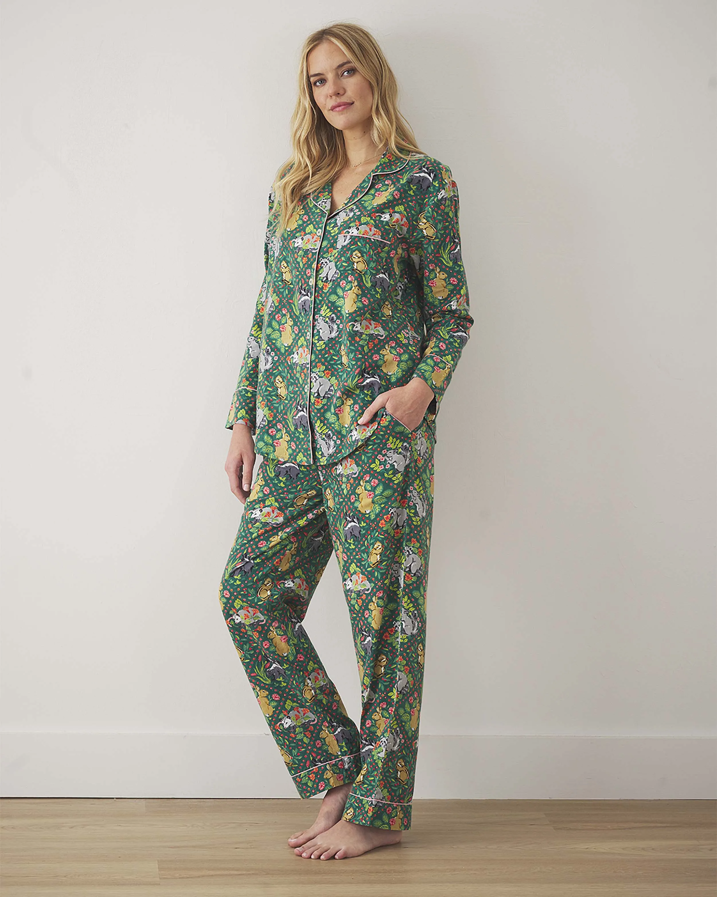 Woodland Critters - Lightweight Flannel Long PJ Set - Fern