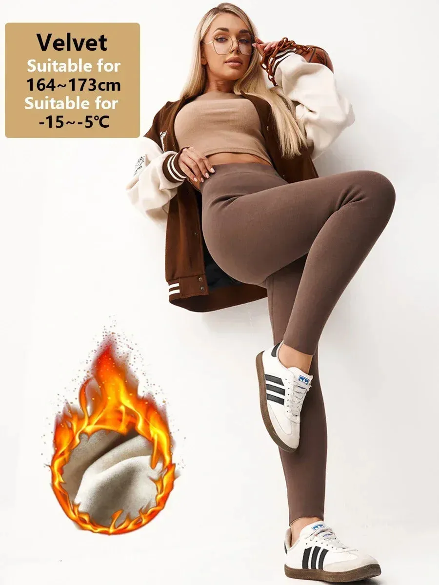 Wool Women's Winter Leggings with Fleece Beige Thermal Tights  Shiny Cotton Velvet Brown Ribbed Thick Warm Leggings for Women